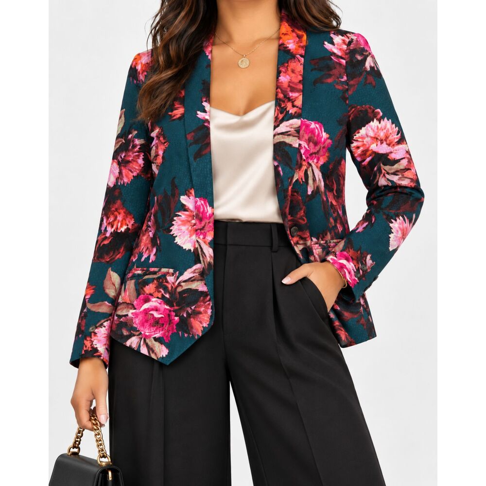 Anthropologie Cartonnier Floral Blazer Women’s Size 8 Teal Pink Statement Jacket
